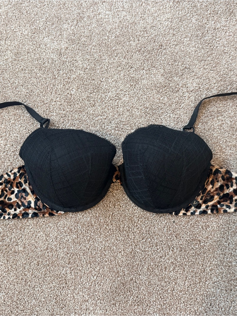 Victoria Secret Black Leopard-Trim Lined Demi Bra -Size 34DD